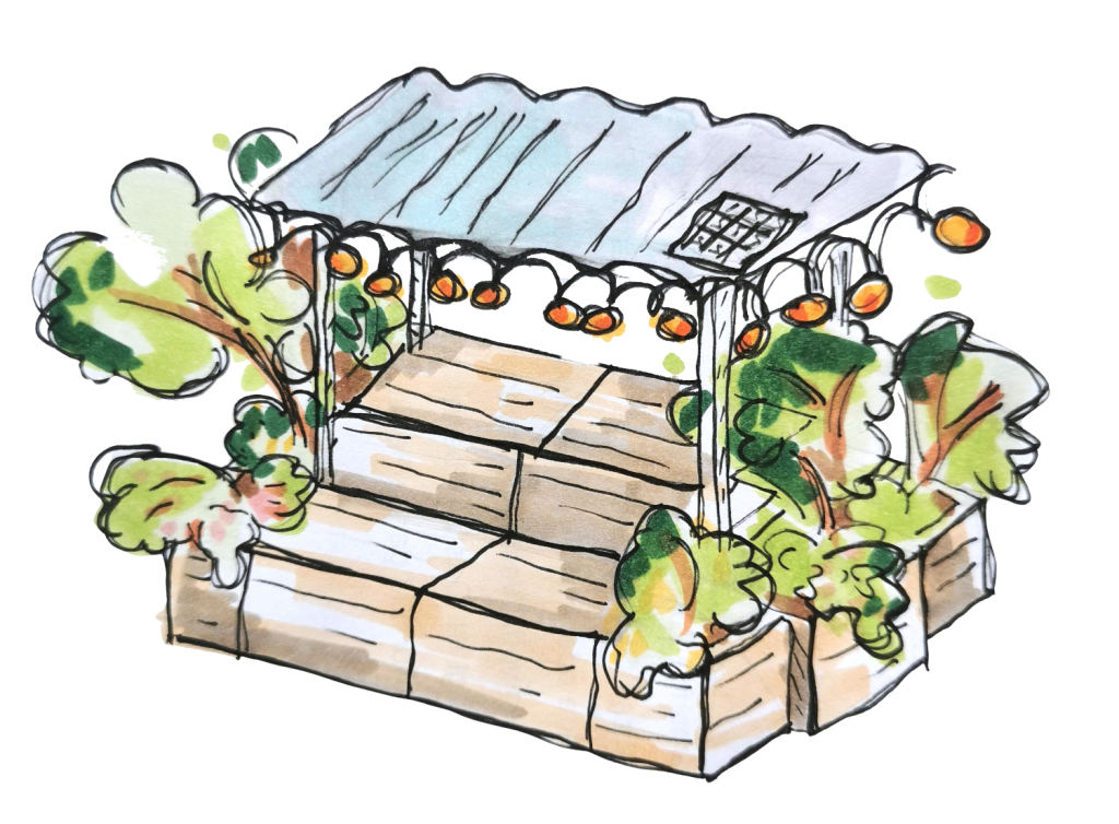 Konzeptzeichnung der Wasserbänke fürs Lenbachhaus mit Sitztreppe, Pergola und integrierten Wassertanks